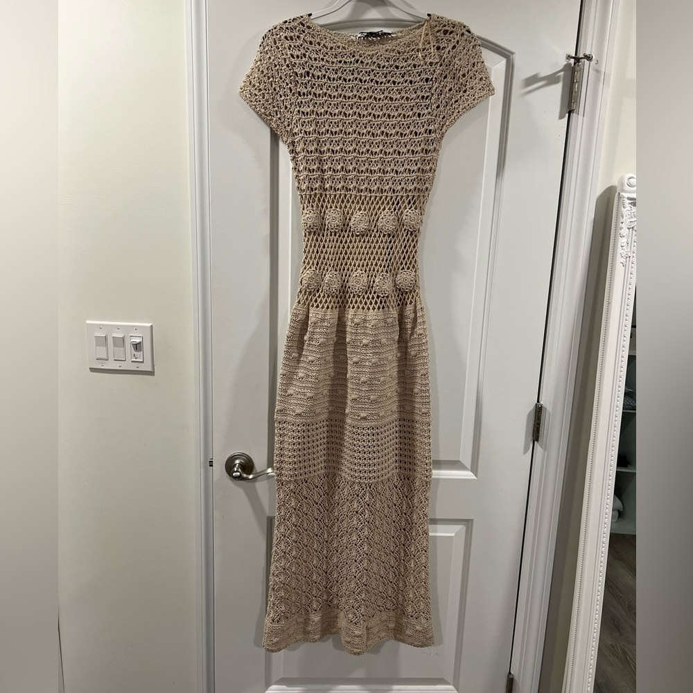 NWT Zara Tan Crochet Maxi Dress - Small